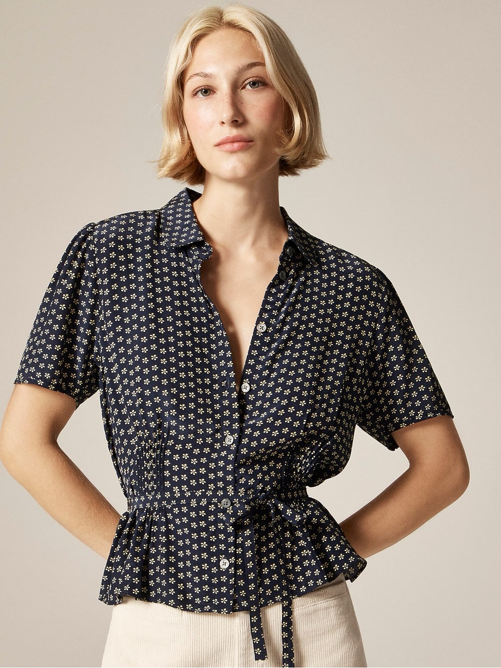 J. Crew Navy Floral Button-Front Peplum blouse